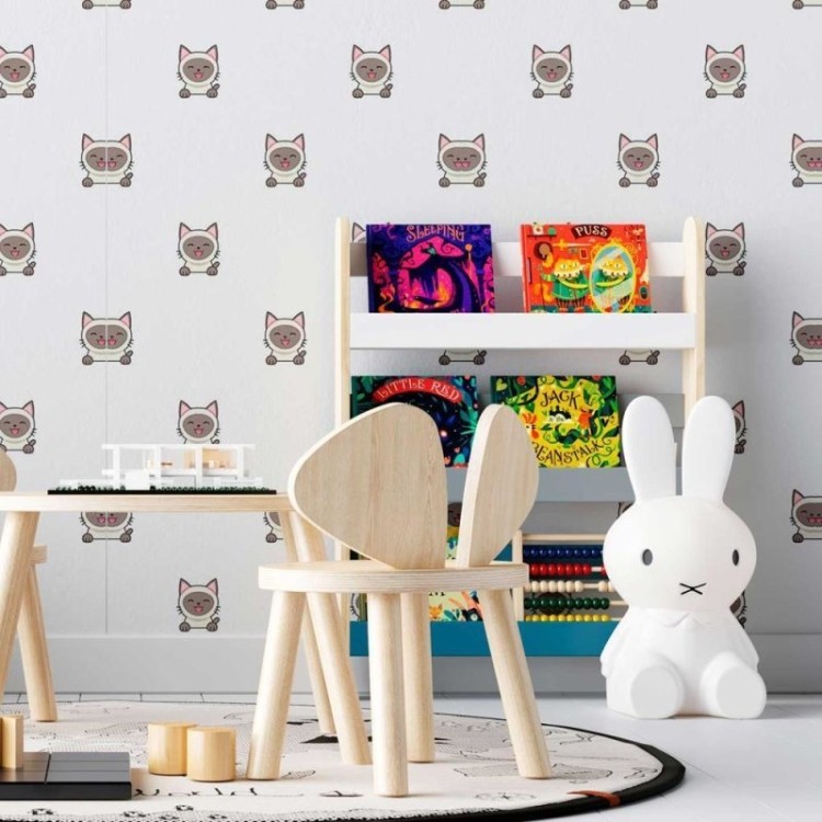 Papel de Parede Adesivo Gatinhos Bege Cartoon...