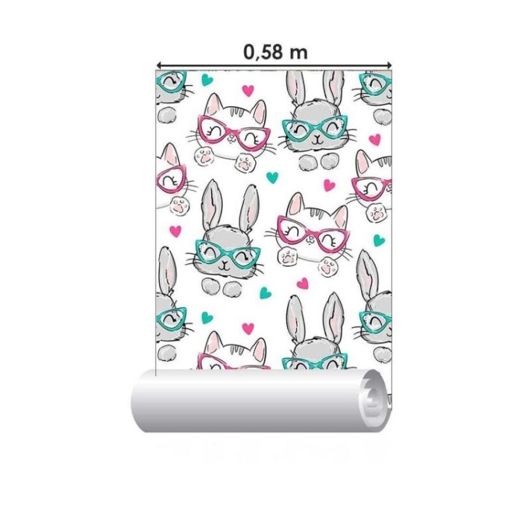 Papel de Parede Adesivo Gatos e Coelhos com...