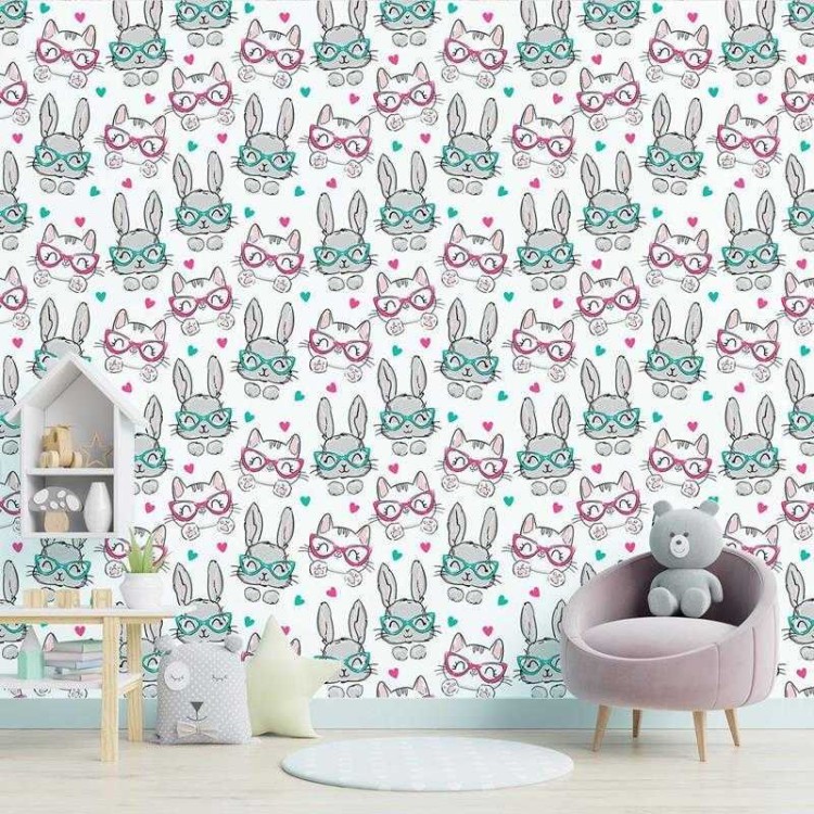 Papel de Parede Adesivo Gatos e Coelhos com...
