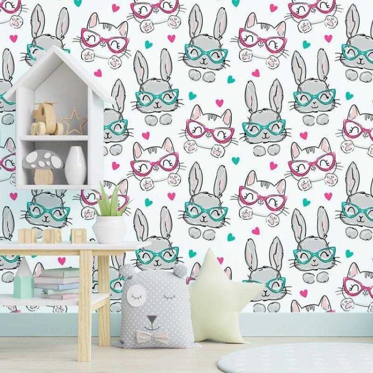 Papel de Parede Adesivo Gatos e Coelhos com...
