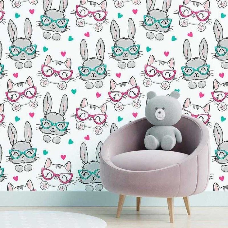 Papel de Parede Adesivo Gatos e Coelhos com...