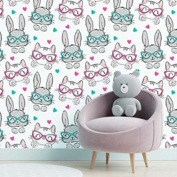 Papel de Parede Adesivo Gatos e Coelhos com òculos N05008