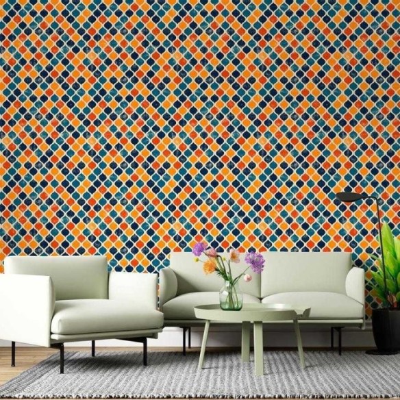 Papel de Parede Adesivo Geométrico Árabe Azul Laranja N06066