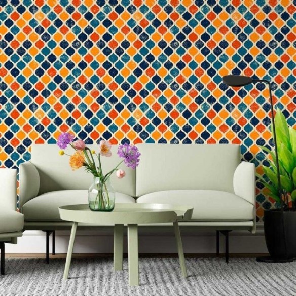 Papel de Parede Adesivo Geométrico Árabe Azul Laranja N06066