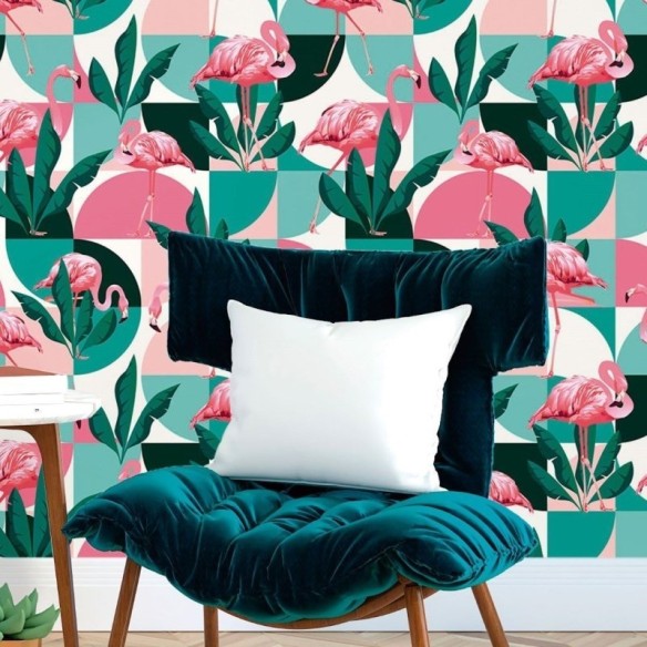 Papel de Parede Adesivo Geométrico Tropical Flamingo N017057