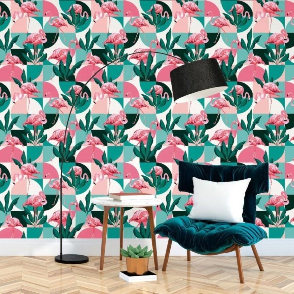 Papel de Parede Adesivo Geométrico Tropical Flamingo N017057