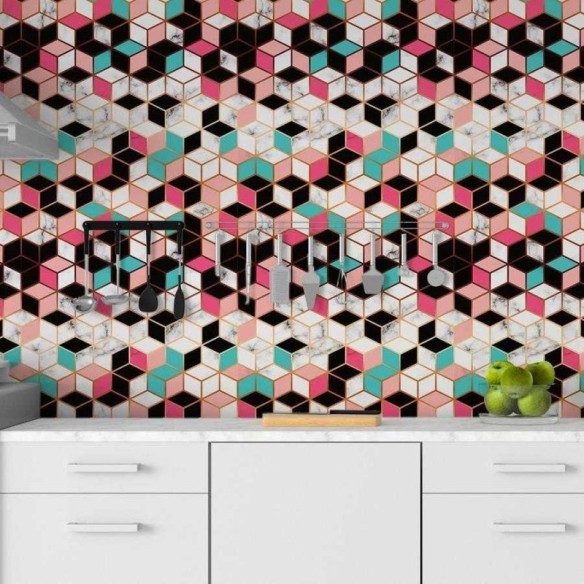 Papel de Parede Adesivo Grafismo Cubos Rosa Mármore N06056