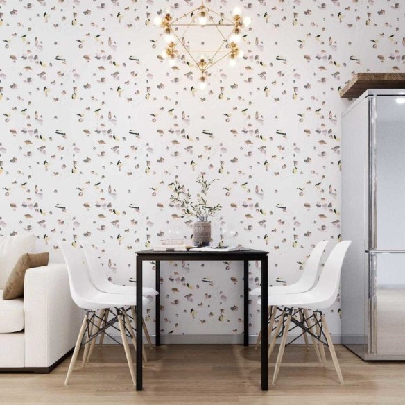 Papel de Parede Adesivo Granilite Branco Grande Rosa e Amarelo N07119