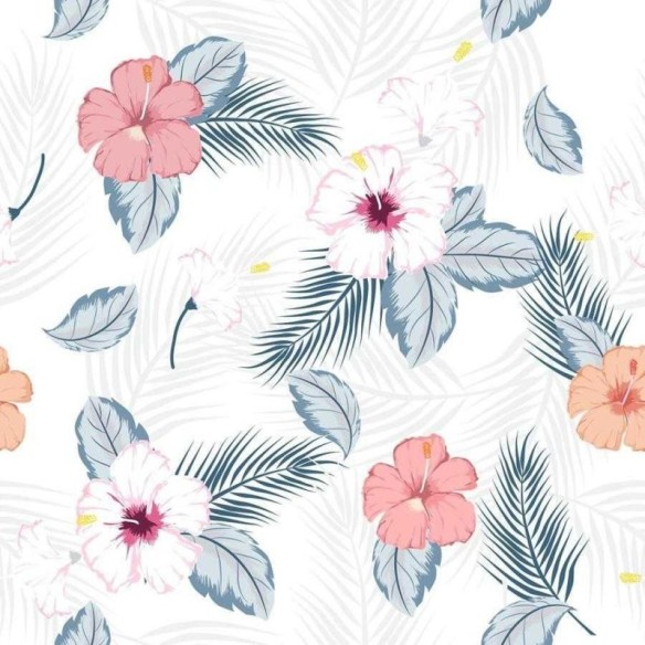 Papel de Parede Adesivo Hibiscos com Folhagens N06181