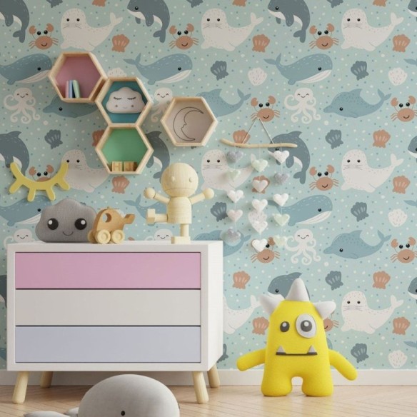 Papel de Parede Adesivo Infantil Animais Marinhos N013155