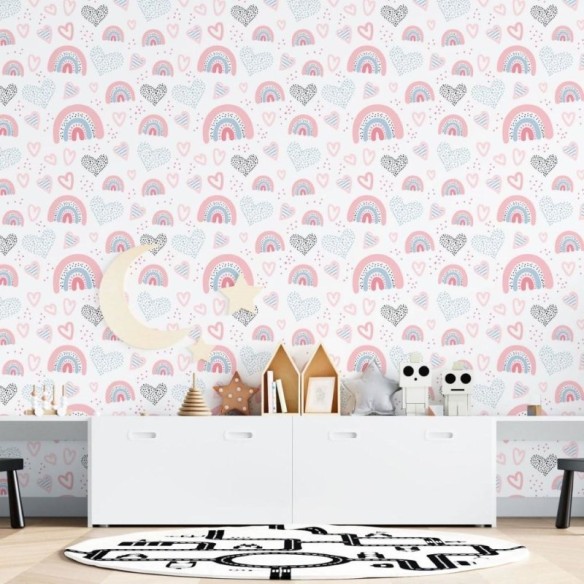 Papel de Parede Adesivo Infantil Arco Íris Corações N015126