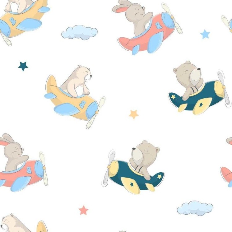 Papel de Parede Adesivo Infantil Avião Urso e...