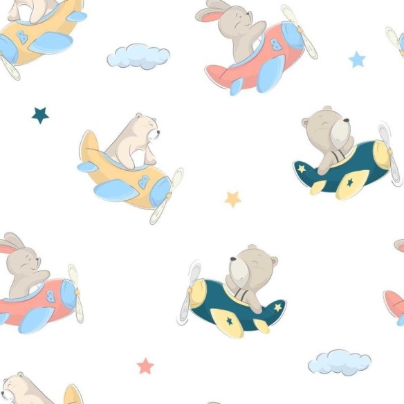 Papel de Parede Adesivo Infantil Avião Urso e Coelho N05062