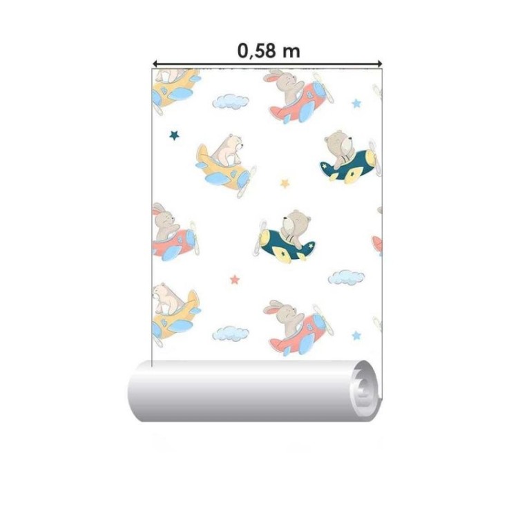 Papel de Parede Adesivo Infantil Avião Urso e...
