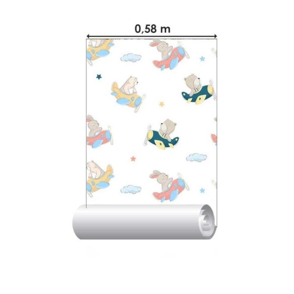 Papel de Parede Adesivo Infantil Avião Urso e Coelho N05062