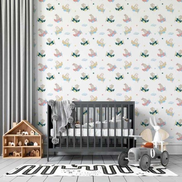 Papel de Parede Adesivo Infantil Avião Urso e Coelho N05062