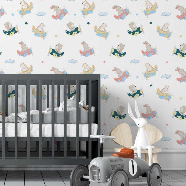 Papel de Parede Adesivo Infantil Avião Urso e...