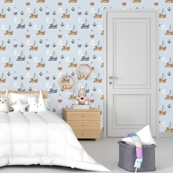 Papel de Parede Adesivo Infantil Barquinhos Marinha N015015