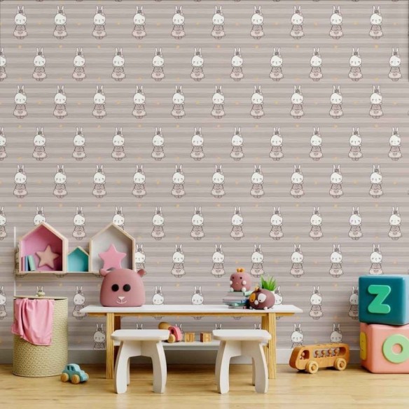 Papel de Parede Adesivo Infantil Coelhinhas em Bege N09022