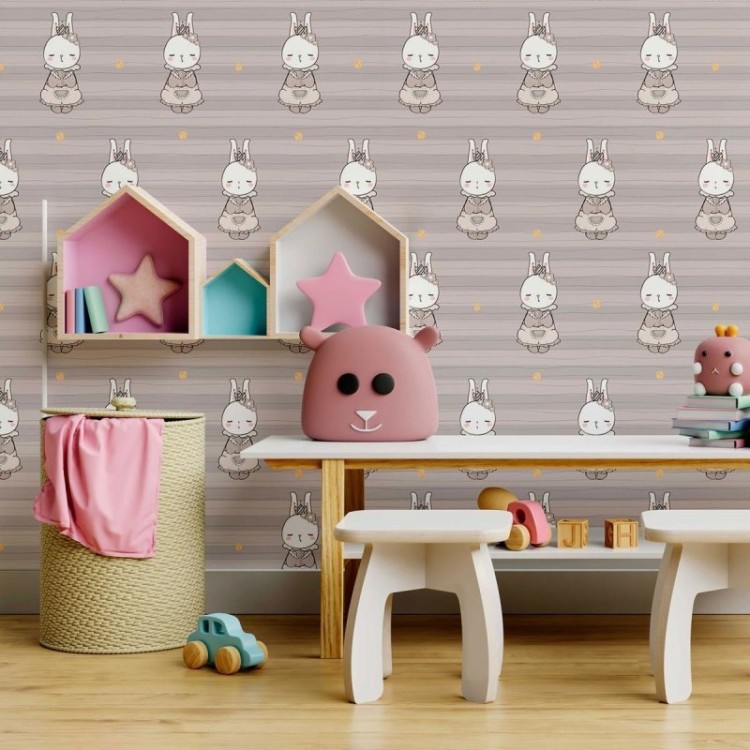 Papel de Parede Adesivo Infantil Coelhinhas em...