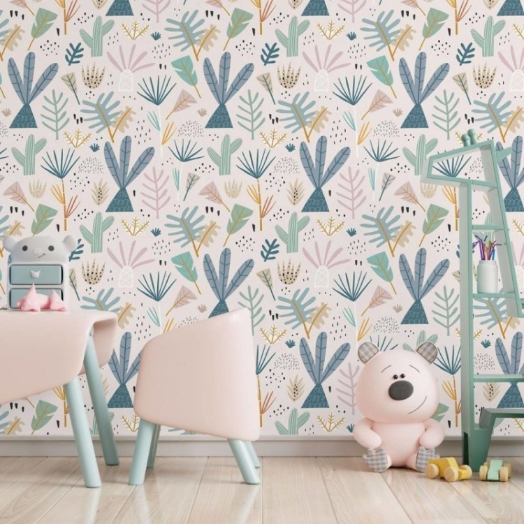 Papel de Parede Adesivo Infantil Floral Cactos...