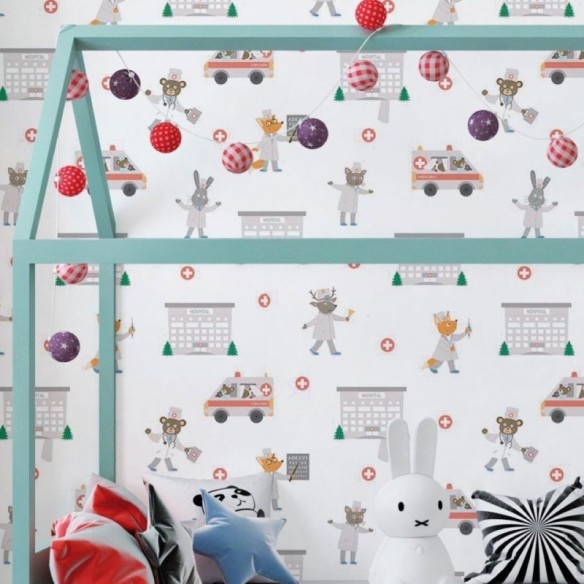 Papel de Parede Adesivo Infantil Hospital Animais N018045