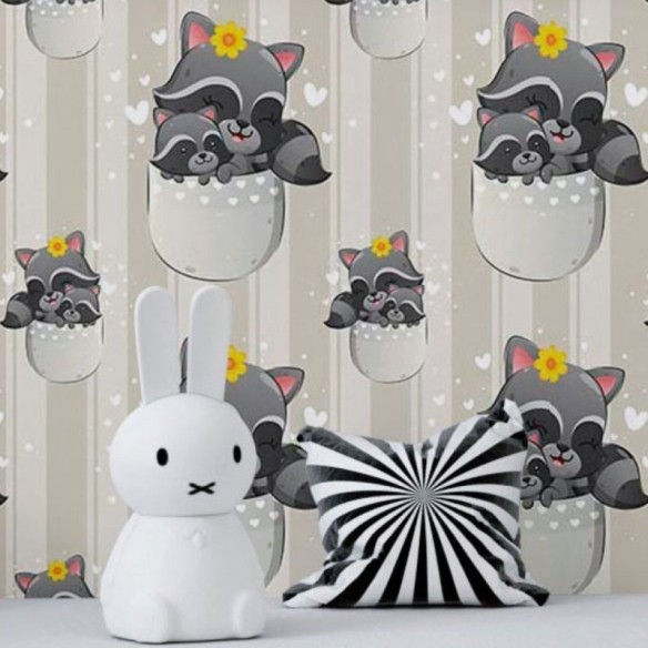 Papel de Parede Adesivo Infantil Listrado Guaxinins N018078