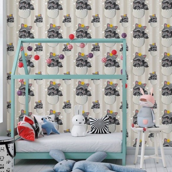 Papel de Parede Adesivo Infantil Listrado Guaxinins N018078