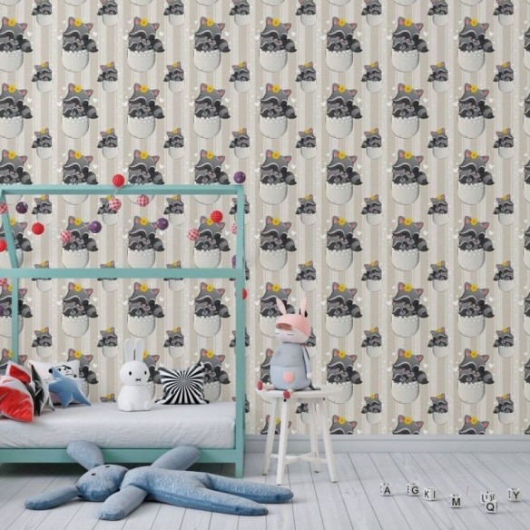 Papel de Parede Adesivo Infantil Listrado Guaxinins N018078