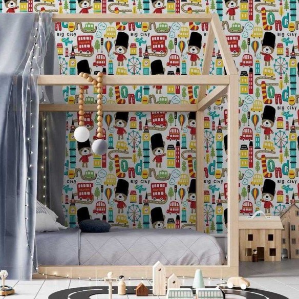 Papel de Parede Adesivo Infantil Londres Ursinhos N05113