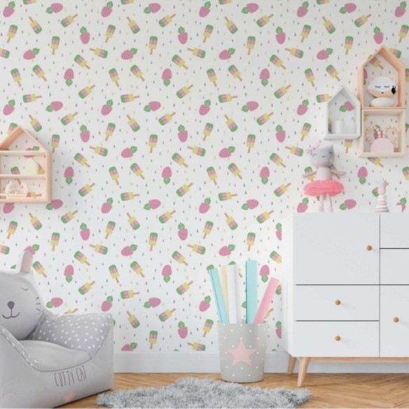 Papel de Parede Adesivo Infantil Picolés e Morangos N018111