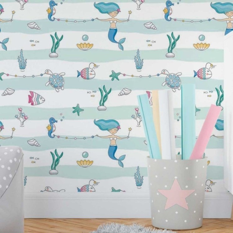Papel de Parede Adesivo Infantil Sereias no Mar...