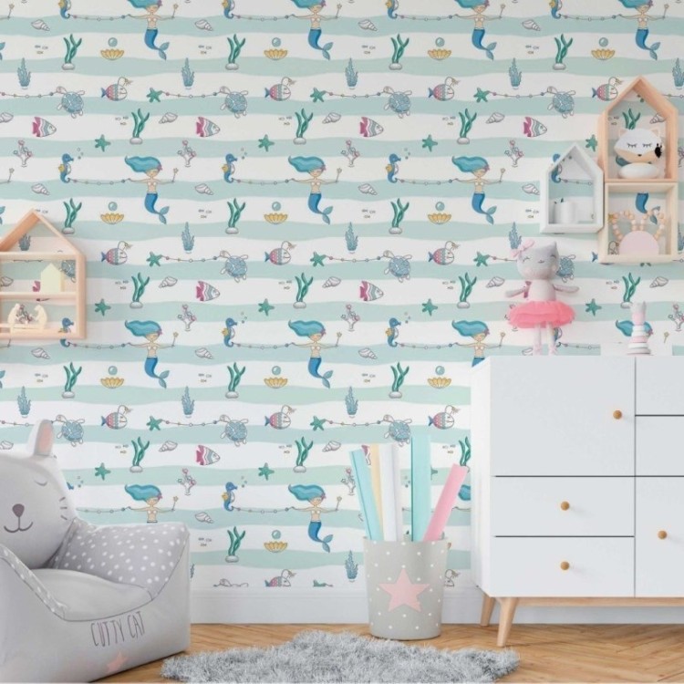 Papel de Parede Adesivo Infantil Sereias no Mar...