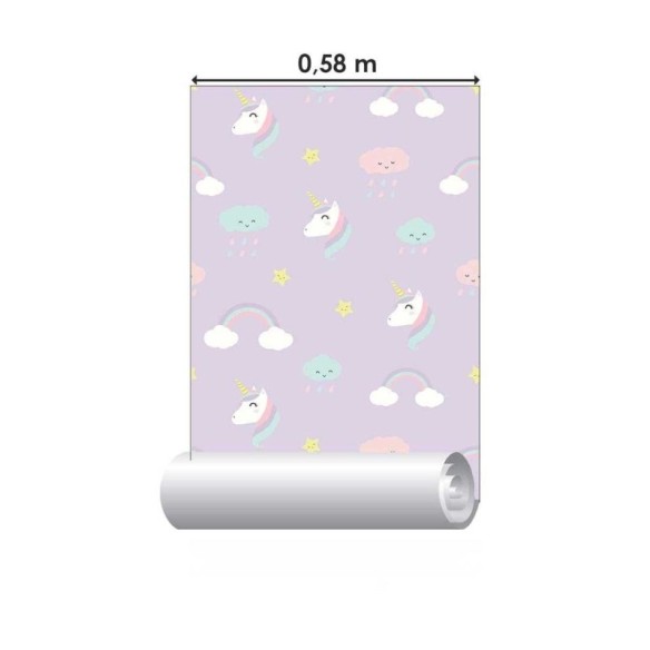 Papel de Parede Adesivo Infantil Unicórnio, nuvem e arco iris N03064