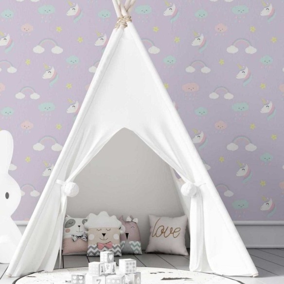 Papel de Parede Adesivo Infantil Unicórnio, nuvem e arco iris N03064