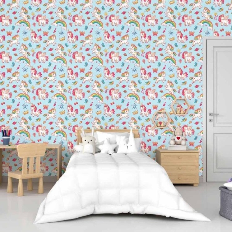 Papel de Parede Adesivo Infantil Unicórnios...