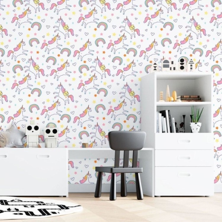 Papel de Parede Adesivo Infantil Unicórnios...