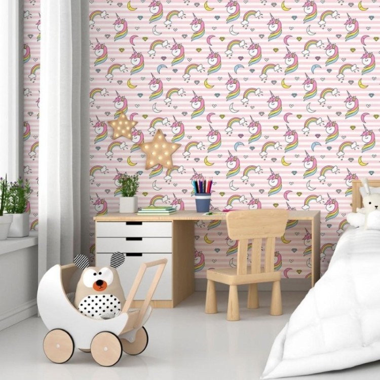 Papel de Parede Adesivo Infantil Unicórnios...