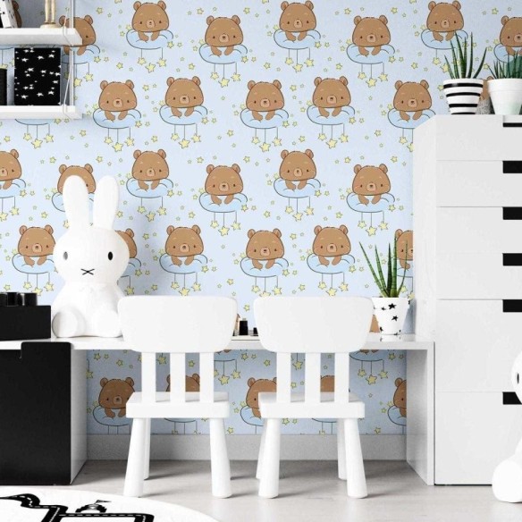 Papel de Parede Adesivo Infantil Ursinhos e Estrelas N07058