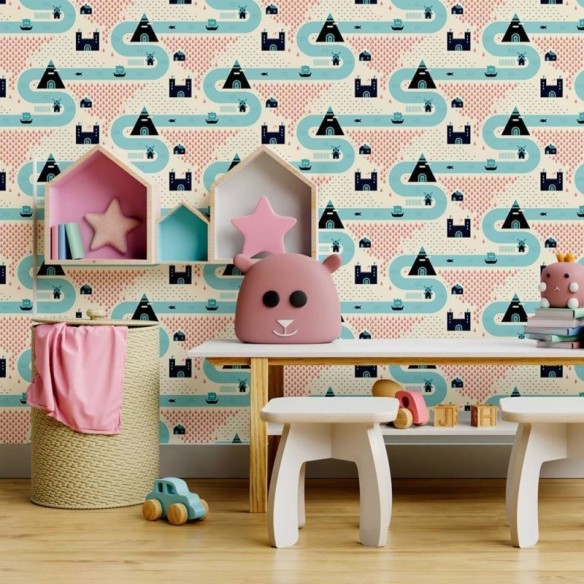Papel de Parede Adesivo Infantil Vila Minimalista N09047