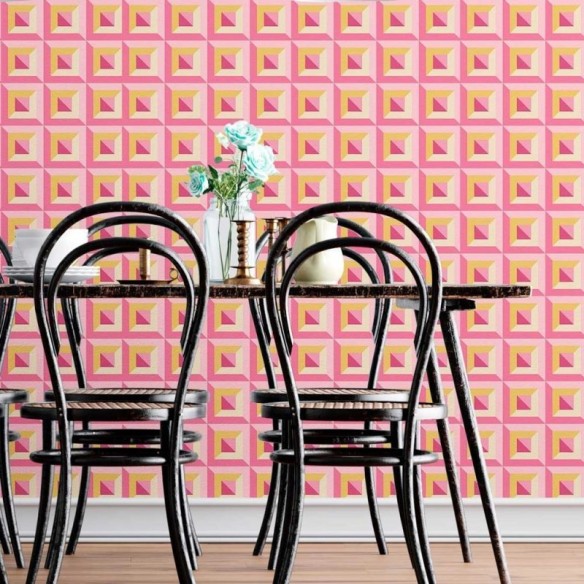 Papel de Parede Adesivo Abstrato Geométrico Rosa e Amarelo N08030