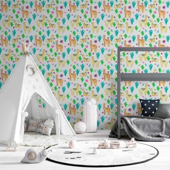 Papel de Parede Adesivo Lhamas e Cactus N06113
