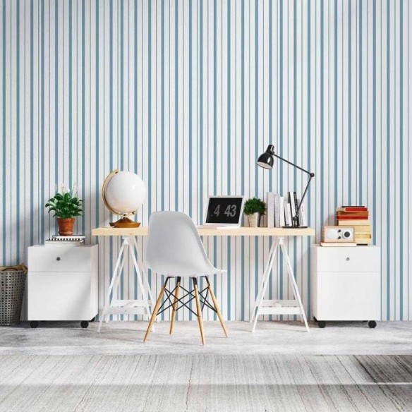 Papel de Parede Adesivo Listrado Azul Escuro e Branco N06267
