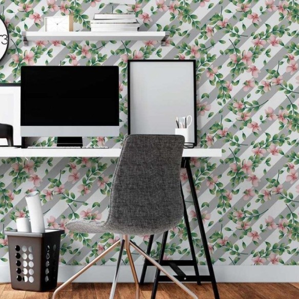 Papel de Parede Adesivo Listrado com Floral N06032