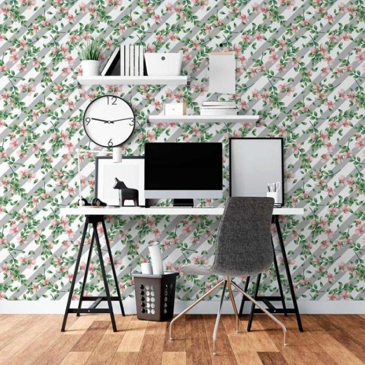 Papel de Parede Adesivo Listrado com Floral N06032