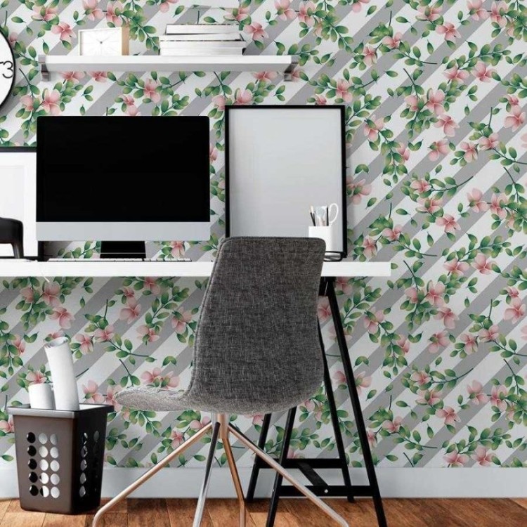 Papel de Parede Adesivo Listrado com Floral N06032