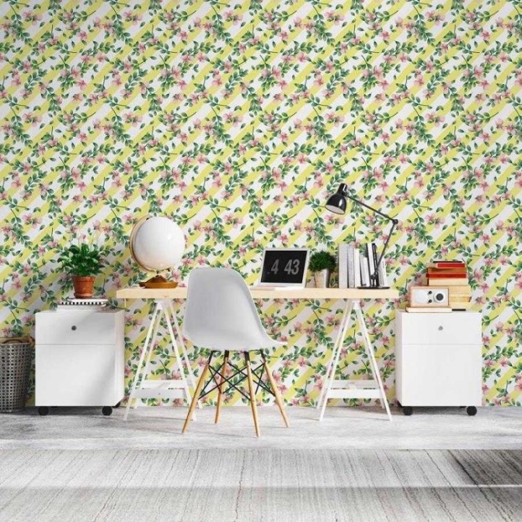 Papel de Parede Adesivo Listrado com Floral N06033