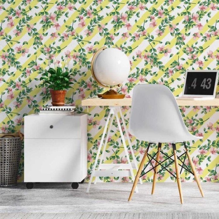 Papel de Parede Adesivo Listrado com Floral N06033