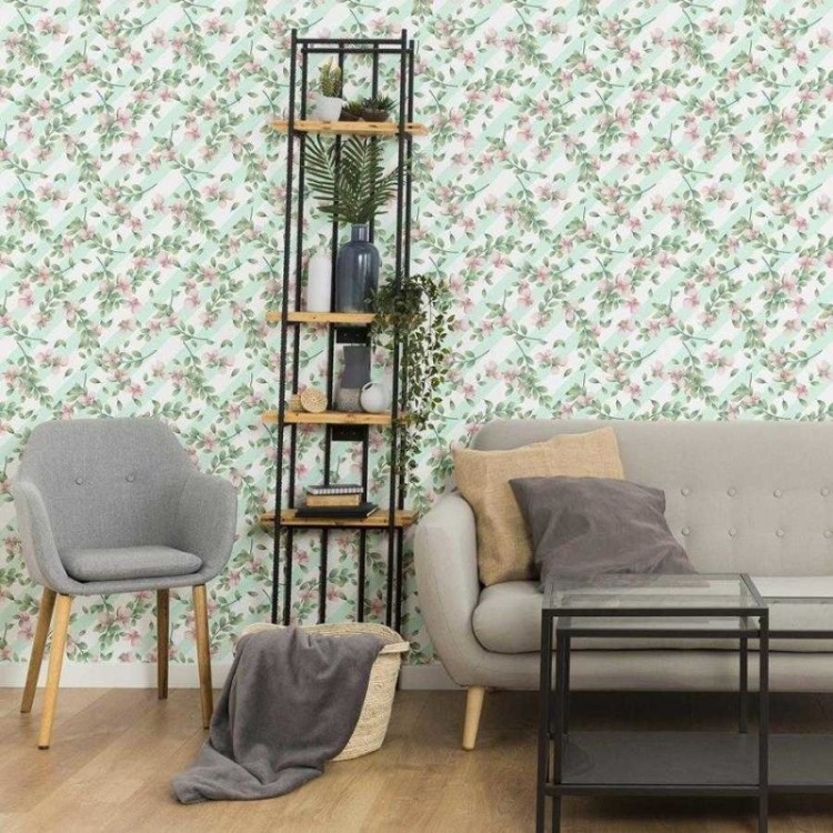 Papel de Parede Adesivo Listrado e Floral N06030