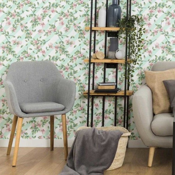 Papel de Parede Adesivo Listrado e Floral N06030